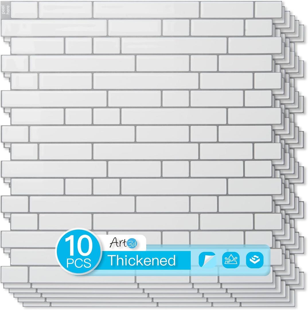 Art3d 10-Sheet Heavy-Duty Peel and Stick Backsplash, Waterproof Wall Tiles Stick on Kitchen Backsplash Living Space, White with Gray Grout (12 x 12 Inch)