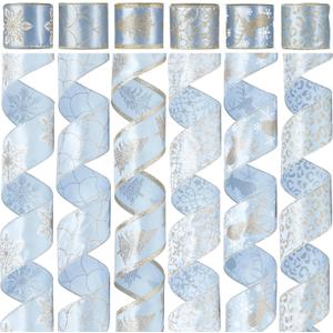 Dusty Blue and Champagne Gold Christmas Ribbon Wired 2.5" Blue Gold Christmas Tree Ribbon for Decorations, Blue and Gold Wired Satin Ribbon for Gift Wrapping, Crafts (6 Rolls 36 Yards)