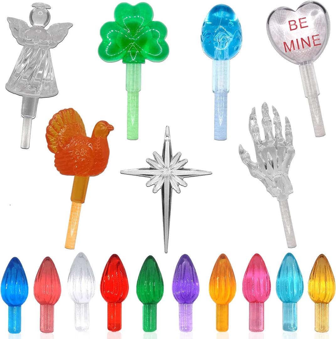 110Pcs in 10 Colors Ceramic Christmas Tree Replacement Lights - Plastic Bulbs Pegs, Included Angel Topper/ Heart Top/ Cross Stars/ Egg/ Turkey/ Skeleton Hand/ Clover