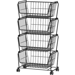 PUSDON Stackable Metal Storage Carts, Dual Use Shelf for Kitchen Fruit Vegetable Baskets with Wheels, Storage Rack for Living Room, Home & Office, Standard Black 4 Tiers