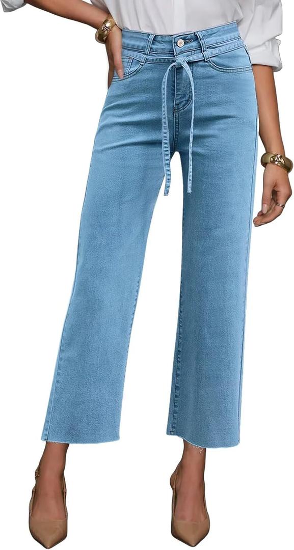 Allimy Womens Jeans High Rise Belted Wide Straight Leg Frayed Hem Jeans for Women Trendy 2025 Denim Pants (Blue)