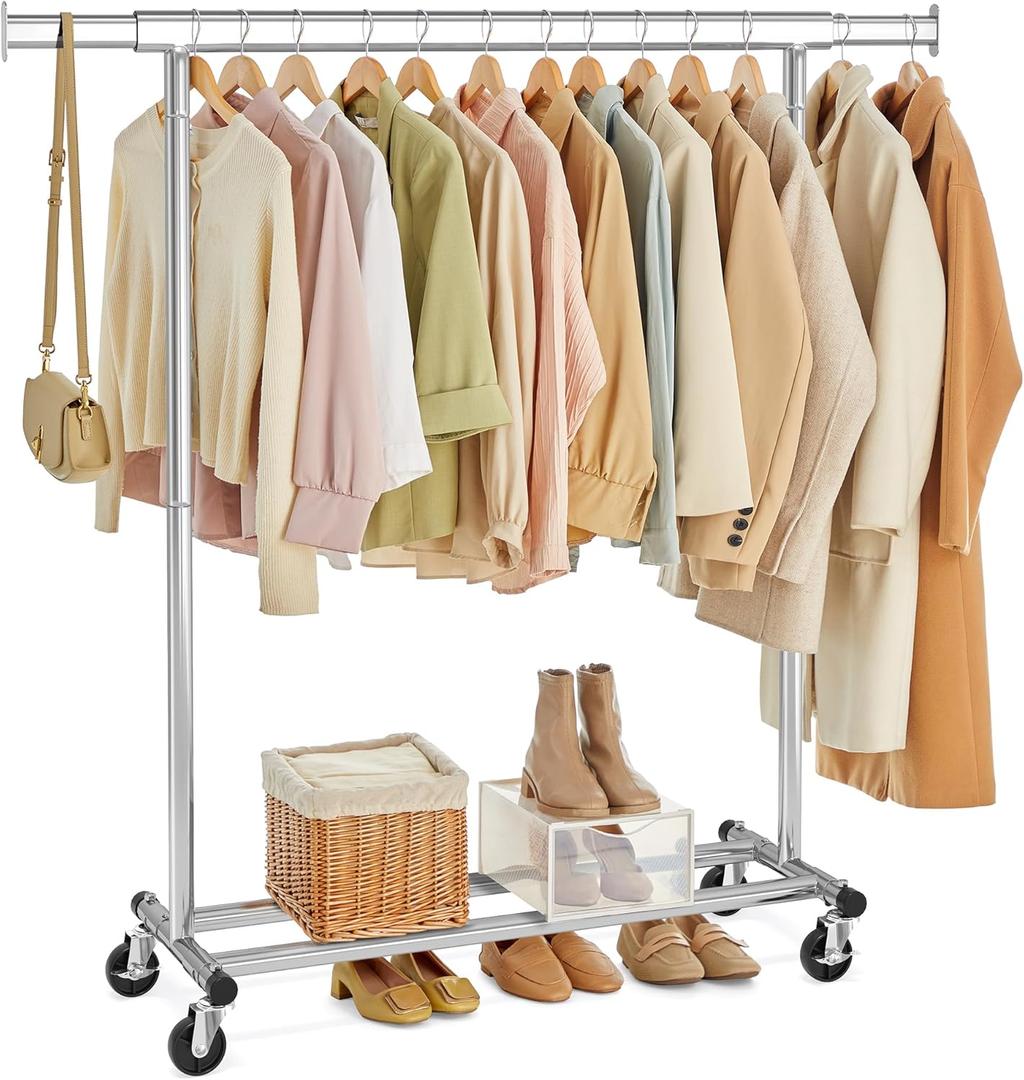 SONGMICS Clothes Rack with Wheels, Heavy-Duty Clothing Rack for Hanging Clothes, Portable, 17.7 x (36.2-52) x 63.6 Inches, with Extendable Rail, 220 lb Load Capacity