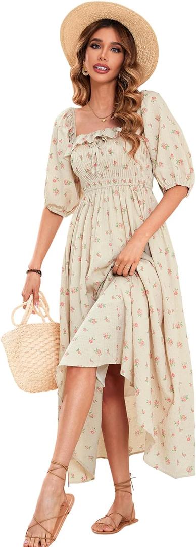 R.Vivimos Women Summer Half Sleeve Cotton Ruffled Vintage Elegant Backless A Line Flowy Long Dresses (Beige#1-floral) XL