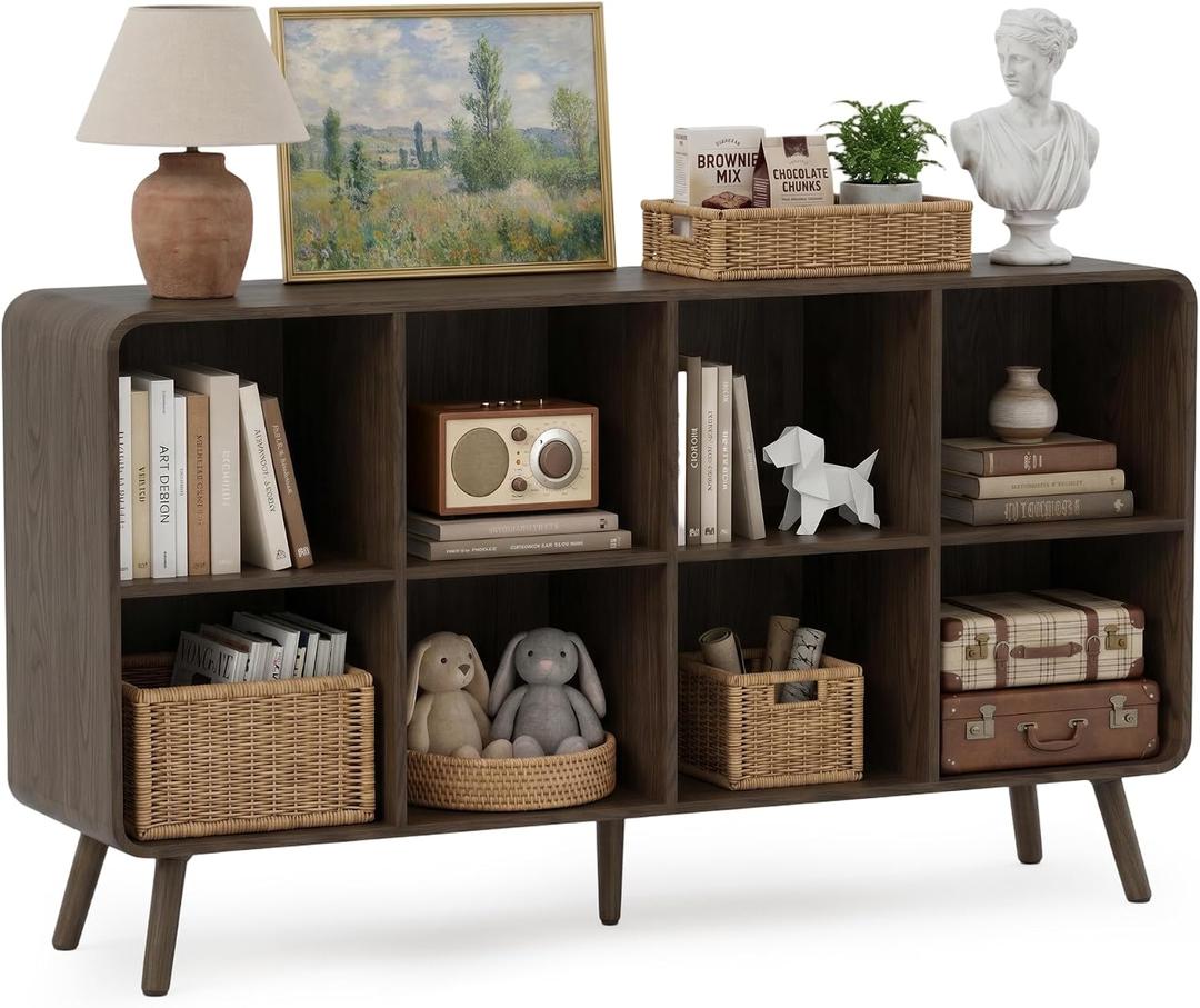 YOSHOOT 8 Cube Bookshelf - 46.5" Wood Cube Bookcase with Legs, Open Cubby Bookshelves with Curved Profile Design for Bedroom, Living Room,Home Office, Walnut