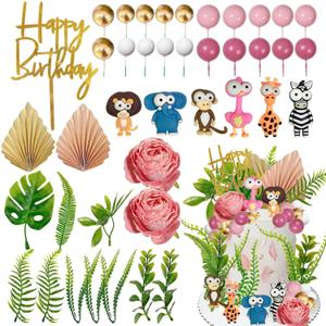 41PCS Wild One Birthday Cake Decorations Girl，Pink Two Wild Safari Animal Cake Toppers with Flowers Leaves for Safari Birthday Baby Shower