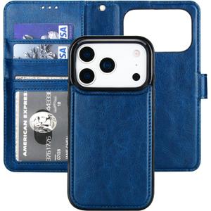 Bocasal Detachable Wallet Case for iPhone 17 Pro RFID Blocking Card Slots Holder Premium PU Leather Magnetic Kickstand Shockproof Wrist Strap Removable Flip Protective Cover 5G 6.3 inch (Blue)