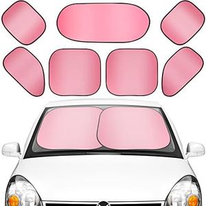 Hanaive 7 Pieces Car Window Shades Car Sun Shade Windshield Set Includes 3 Front Rear Sun Visor for Auto, 4 Side Window UV Rays and Heat Protection, Foldable with 12 Suckers(Medium,Pink)