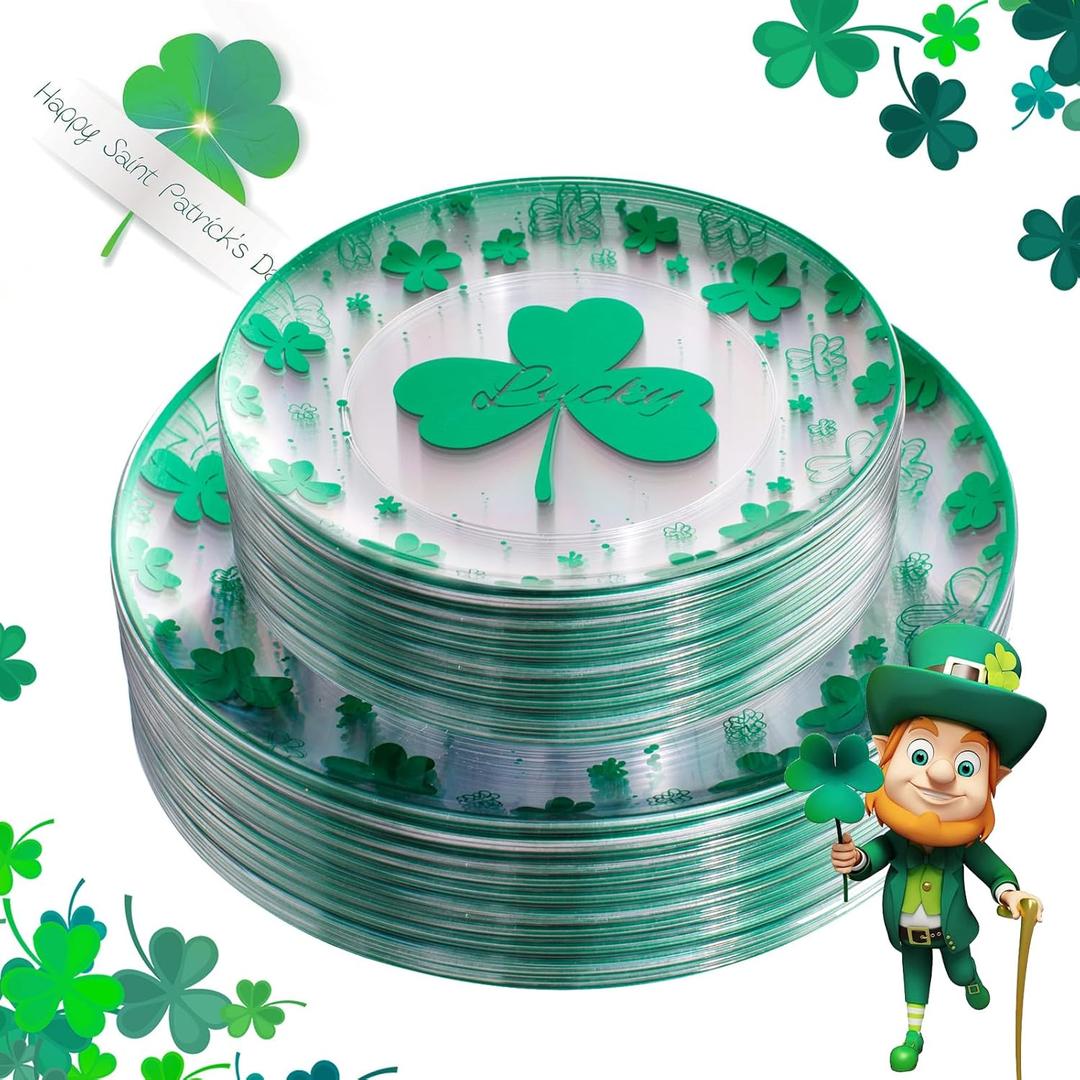 U-QE 60PCS St Patricks Day Plates - Clear and Green Disposable Plates - Premium Hard Green Plastic Plate Including 30 Dinner Plate 10.25'' & 30 Dessert Plate 7.5 '' Perfect for St. Patricks Day