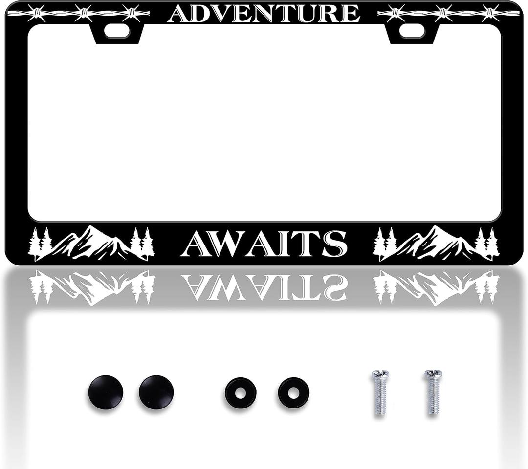 Adventure Awaits License Plate Frame Mountains License Plate Frames Personalise Stainless Steel Funny Design Compatible with Standard License Plate Holder for USA and Canada 6 X 12 with Screws