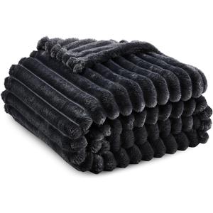 Super Soft Queen Blanket for Bed, Premium Silky Flannel Fleece with 3D Striped Jacquard Design, Lightweight and Cozy for Living Room, and All-Season Use, 90x90 Inches.Dark Grey