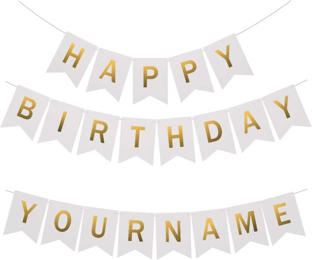 White Happy Birthday Bunting with Name: Custom Garlands with 2 set 26 Letters to Spell Name or Words DIY Birthday Banner