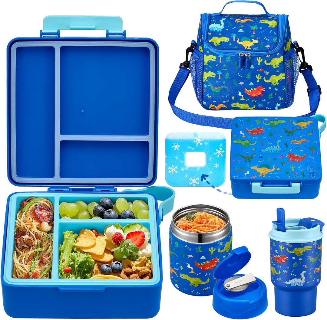Bento Lunch Box for Kids with 17oz Soup Thermo,Insulated Tumbler Water Bottle and Insulated Lunch Bag,LeakProof 3 Compartment Lunch Food Container with Ice Pack for Kids to SchoolDinosaur