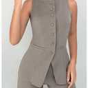 SOLY HUX Women's 2 Piece Business Casual Outfit Button Down Boat Neck Sleeveless Vest and Pants Set Khaki Large