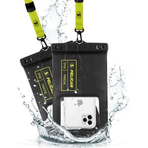 Pelican 2 Pack Marine - IP68 Waterproof Phone Pouch (XL Size) Floating Waterproof Phone Case - Beach Cruise Ship Travel Essentials - Works with All Phones - Detachable Lanyard - Black/Hi-Vis Yellow