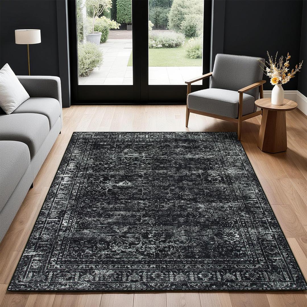 3x5 Area Rugs for Living Room, Non Slip Washable Rugs Large Rug Indoor Carpet, Durable & Soft Vintage Rug for Bedroom Dining Room Home Office Decor, Black