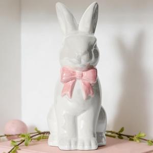 DN DECONATION Easter Decoration Bunny Decor - Spring Easter White Rabbit Sculpture, Ceramic Statues with Pink Bow for Farmhouse Home Decor Tabletop Shelf Mantel Dining Table Centerpiece (Set of 1)