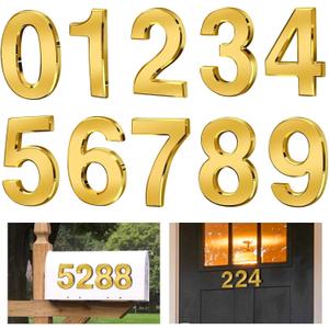 Ranslen 10 Pieces 4 Inch High House Numbers 0-9, Self-adhesive 3D Mailbox Numbers Door Address Home Number Stickers Sign for Apartment Mailbox Sign Office Hotel Room, Gold Electroplated Plastic