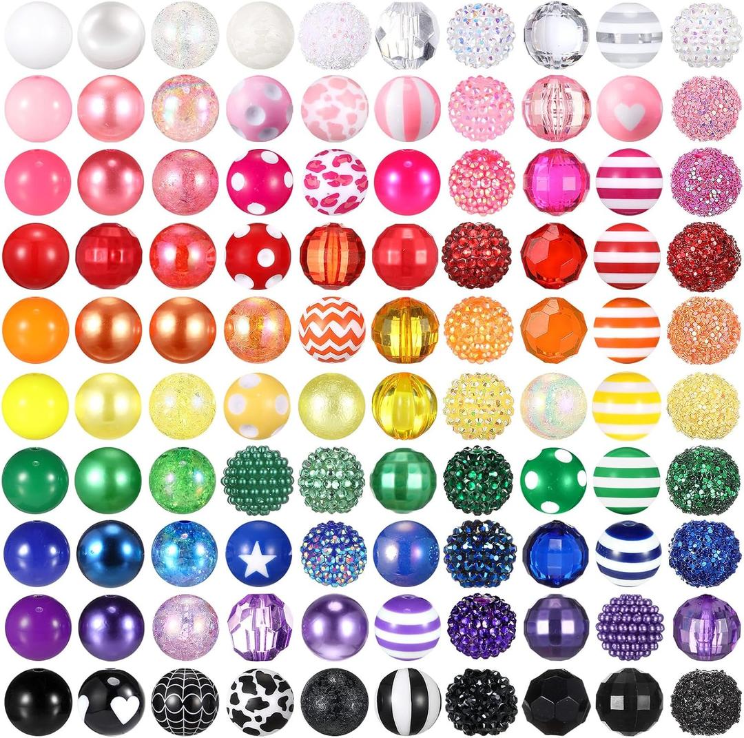 Huquary 100 Pcs 20mm Rhinestone Bubblegum Beads for Pens Mixed Crystal Resin Chunky Beads for DIY Craft Keychain Necklace Bracelet Jewelry Making