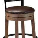Signature Design by Ashley Pinnadel Counter Height Swivel Bar Stool, Brown Wood, engineered wood & metal frame, Faux leather cushion, 24.25 inch seat, Smooth 360-degree rotation, Metal footrest, Highback 19"D x 19"W x 37.25"H