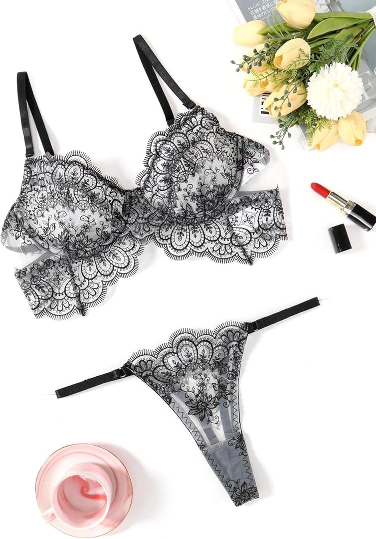 3 x Avidlove Lingerie for Women Floral Lace Bra and Panty Sets V Neck 2 Piece Babydoll Outfits (XL)