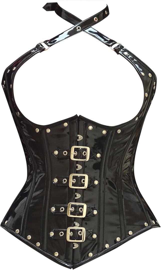 Women Black PVC Underbust Corset Steel Boned Waist Trainer with Buckles & Neck Strap – Gothic Steampunk Corset 2Pcs XL