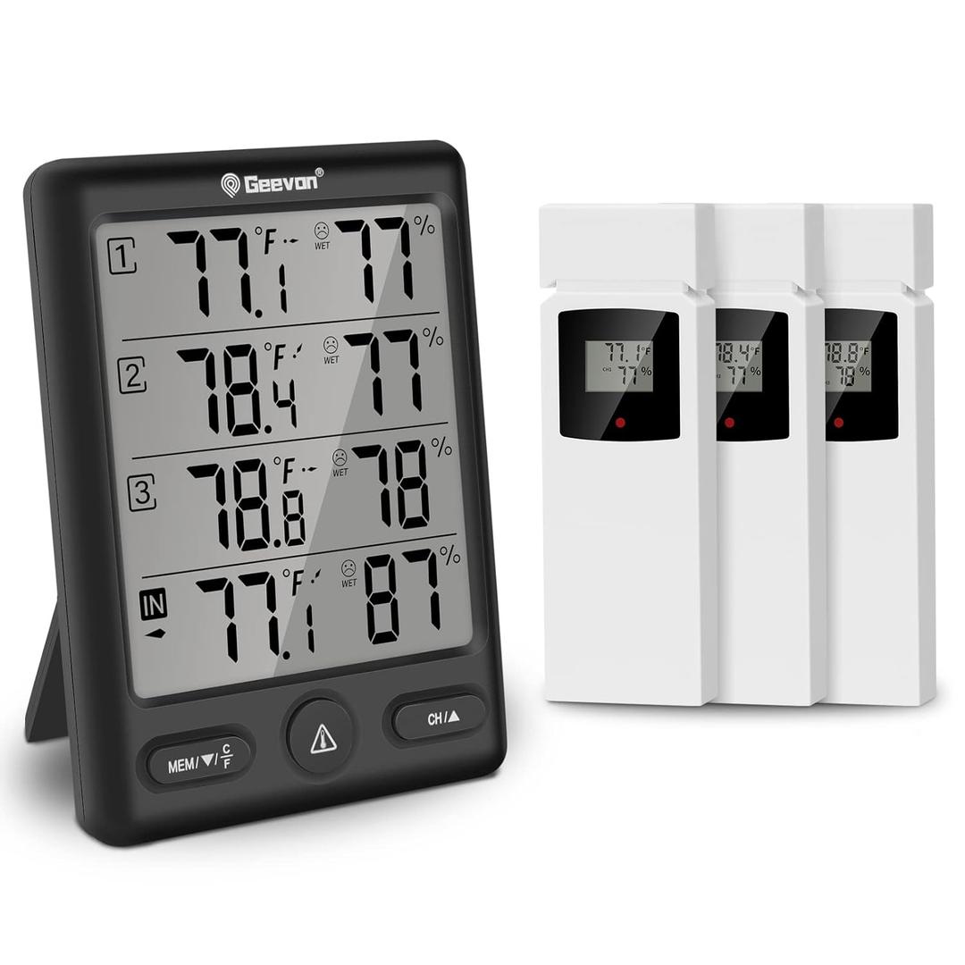 Geevon Indoor Outdoor Thermometer Wireless with 3 Remote Sensors, Digital Hygrometer Thermometer, Wireless Temperature Humidity Monitor Gauge with 200FT/60M Range (Black)