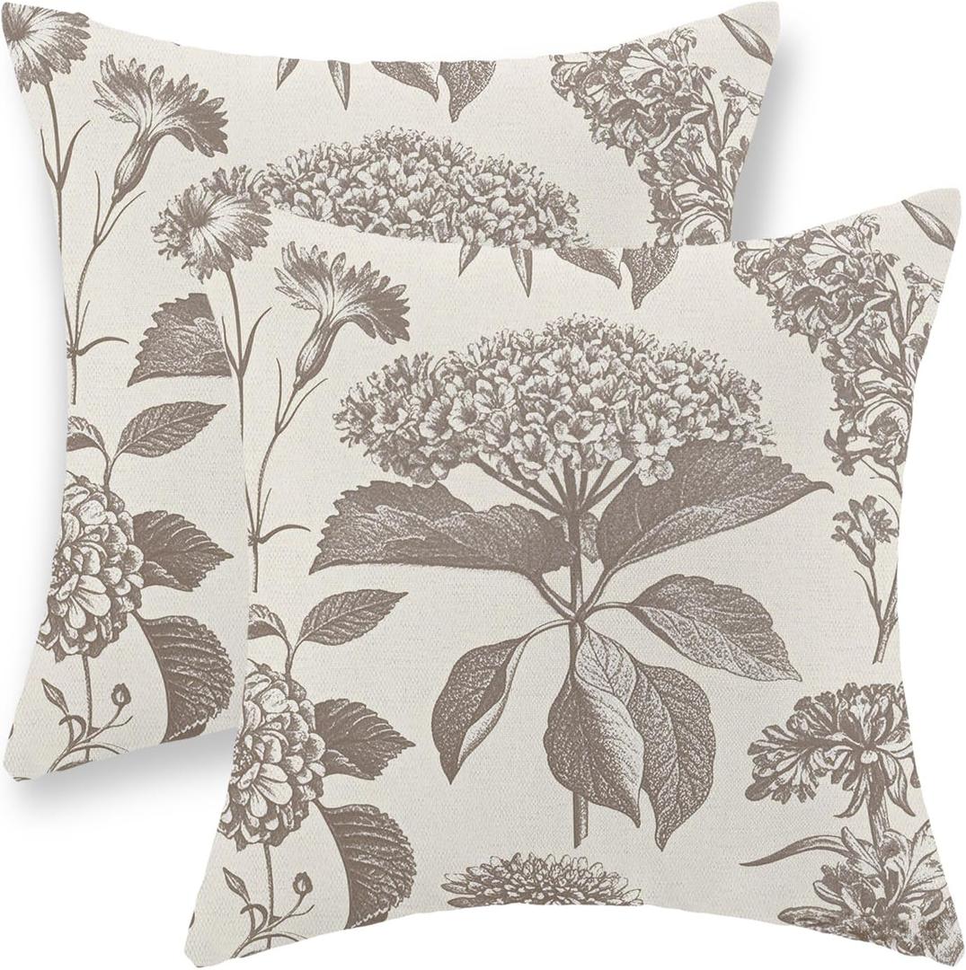 Tan Khaki Pillow Covers 18x18 Set of 2 Vintage Boho Floral Hydrangea Herbs Botanical Throw Pillow Cover Outdoor Flower Decorative Pillowcase Linen Farmhouse Cushion Case Decor for Couch Sofa