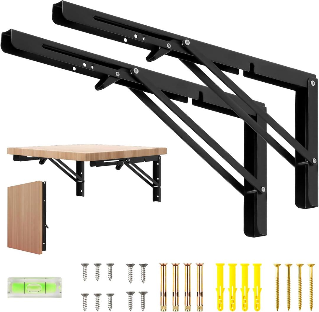 16 Inch Folding Shelf Brackets, 2 Pcs Heavy Duty Metal Collapsible Shelf Bracket Wall Mounted Brackets for Fold Down Table Wall Mounted Brackets for Shelves Space SavingMax Load: 132 lb