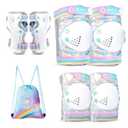 SULIFEEL Rainbow Unicorn Knee Pads for Kids Knee Elbow Pads Wrist Guards with Drawstring Bag Adjustable Protective Gear Set for Girls Roller Skating Bike Cycling Skateboard Scooter Shiny Medium