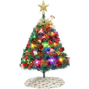 Mini Christmas Tree, 24"/60cm Tabletop Artificial Christmas Tree with Ornaments & LED String Lights, Small Desktop Xmas Tree with Tree Skirt for Room and Office