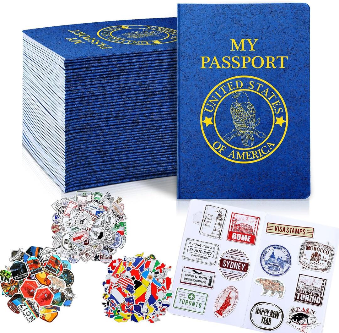 696 Pcs Passport Book Set 48 Pcs Fake Passport Book with 648 Assorted Travel Stickers for Scrapbooks Party Favors Wall Decals Arts Crafts Supplies Game Prizes Collections