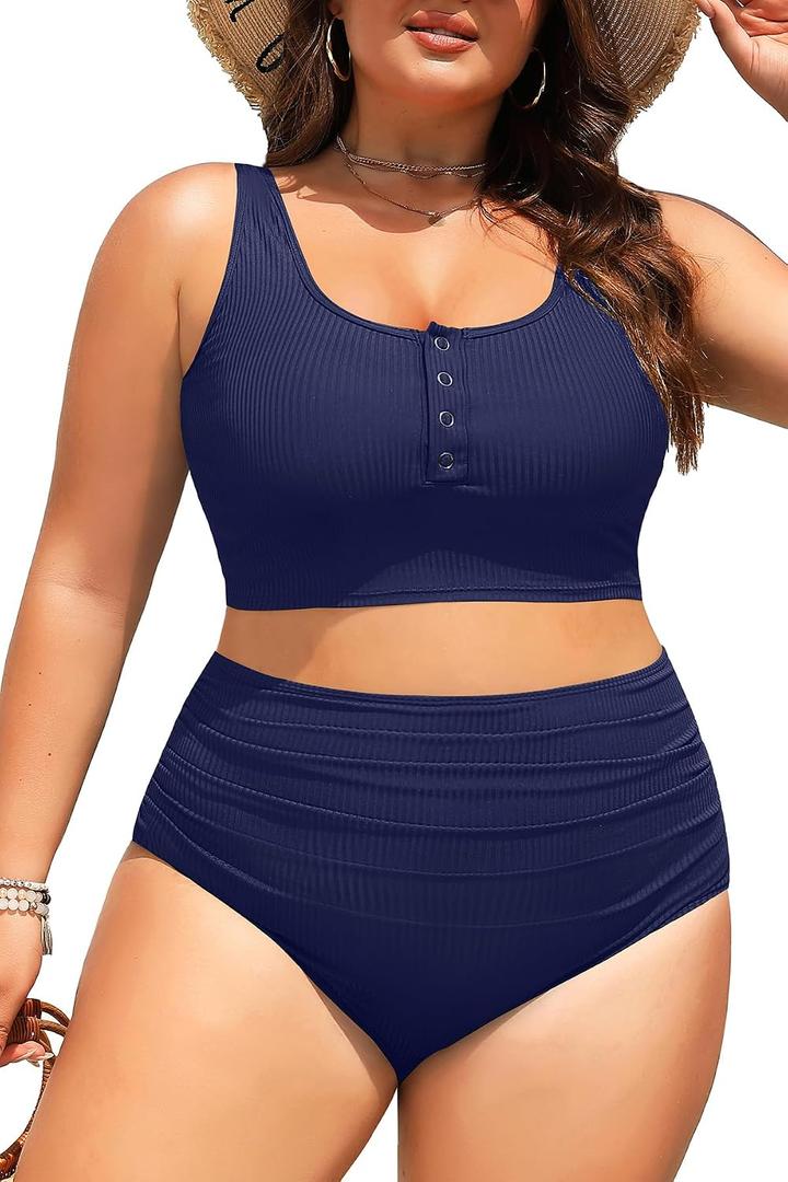 Yonique Plus Size 2 Piece Swimsuit - Womens High Waisted Bikini Tummy Control Bathing Suit Ribbed 2026 Swimwear, Size: 22W