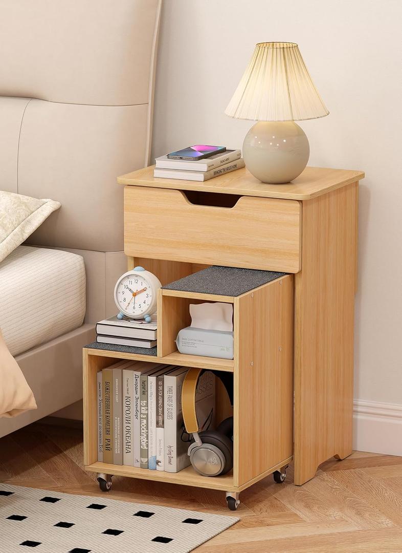 Night Stand with Drawer Modern Small Nightstand with Rolling Open Storage Shelf with Lockable Wheels Accent Side Table Sofa Couch Mid Century Bedside Tables for Bedroom Living Room Dorm Small Spaces
