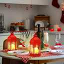 Glooglitter 2 Pack Christmas Lanterns with Warm White LED Lights 11 x 6 Inch Red Christmas Lantern Decor with Holly Berry Pine Hanging Xmas Candle Holder Indoor Outdoor Decorative Table Centerpieces