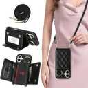 for iPhone 16 Case with Card Holder and Strap for Women,Crossbody Lanyard, Make Up Mirror,Ring Stand,Snap Clasp,Cute Phone Wallet Cases 6.1 inch - Black