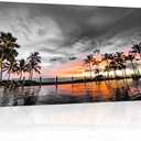 KREATIVE ARTS Black and White Canvas Print Hawaii Honolulu Oahu Pool Side Sunset And Palm Trees Picture Giclee Prints Wall Art Framed 20x48 for Living Room & Bedroom Decor
