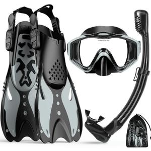 KUYOU Mask Fins Snorkeling Gear for Adults - Wide View Anti-Fog Mask, Full Dry Top Snorkel Gear Set (Small/Medium With Fins, Metallic Black)