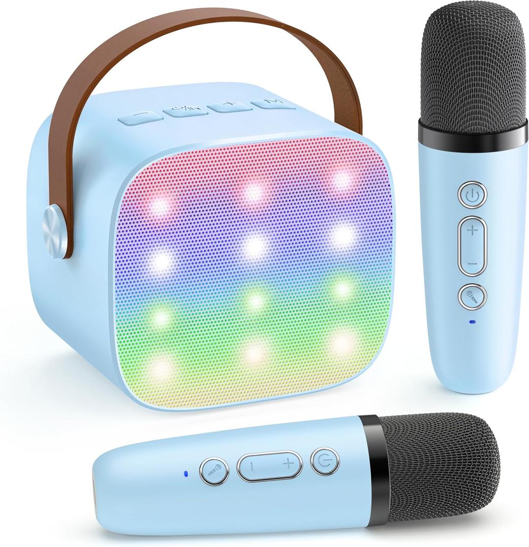 YLL Mini Karaoke Machine for Kids, Birthday Gifts Toys for Boys Ages 3, 4, 5, 6, 7, 8, 9, 10, 12+ Years Old, Portable Bluetooth Speaker with 2 Wireless Microphones Singing Family Home Party (Blue)