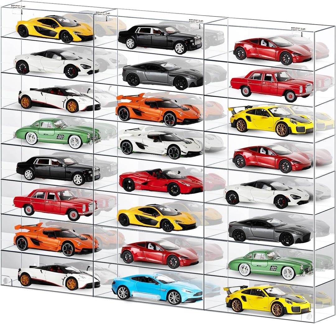 1:24 Scale Diecast Toy Car Display Case - 24 Compartments with Mirorr Background - Clear Acrylic Wall Mounted Storage Showcase