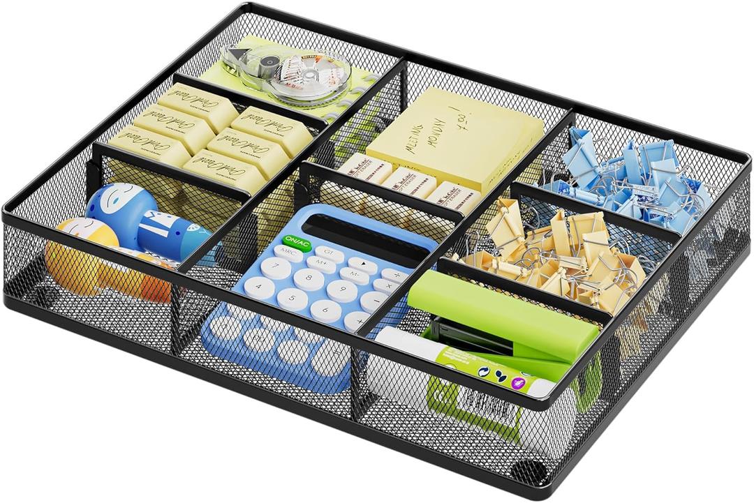 Marbrasse Desk Drawer Organizer, Metal Mesh Drawer Organizer Tray with 5 Adjustable Compartments,Desk Organizers and Accessories for Home,Office,Kitchen,Makeup,Vanity (Black)