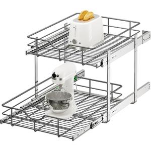 2 Tier Pull Out Cabinet Organizer - 17" W x 22" D Soft Close Slide Out Shelves with Shelf Liners - Pullout Drawers for Kitchen Cabinets, Pantry, Bathroom, Heavy Duty Steel Wire Baskets