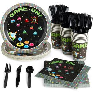 Juvale 144-Piece Retro Video Game Party Supplies - Includes Plates, Napkins, Cups, and Cutlery for Arcade Birthday Party Decorations (Serves 24)