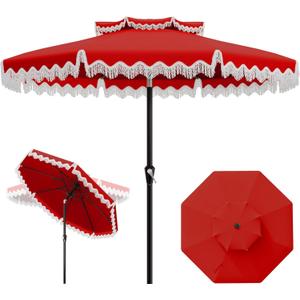AreShark 9FT Patio Umbrella with Fringe, Wind-Resistant Fiberglass 8 Ribs Tassel Outdoor Umbrella with Crank and Push Button Tilt, Double Tier Vent Sun Shade for Pool, Deck, Backyard, Red