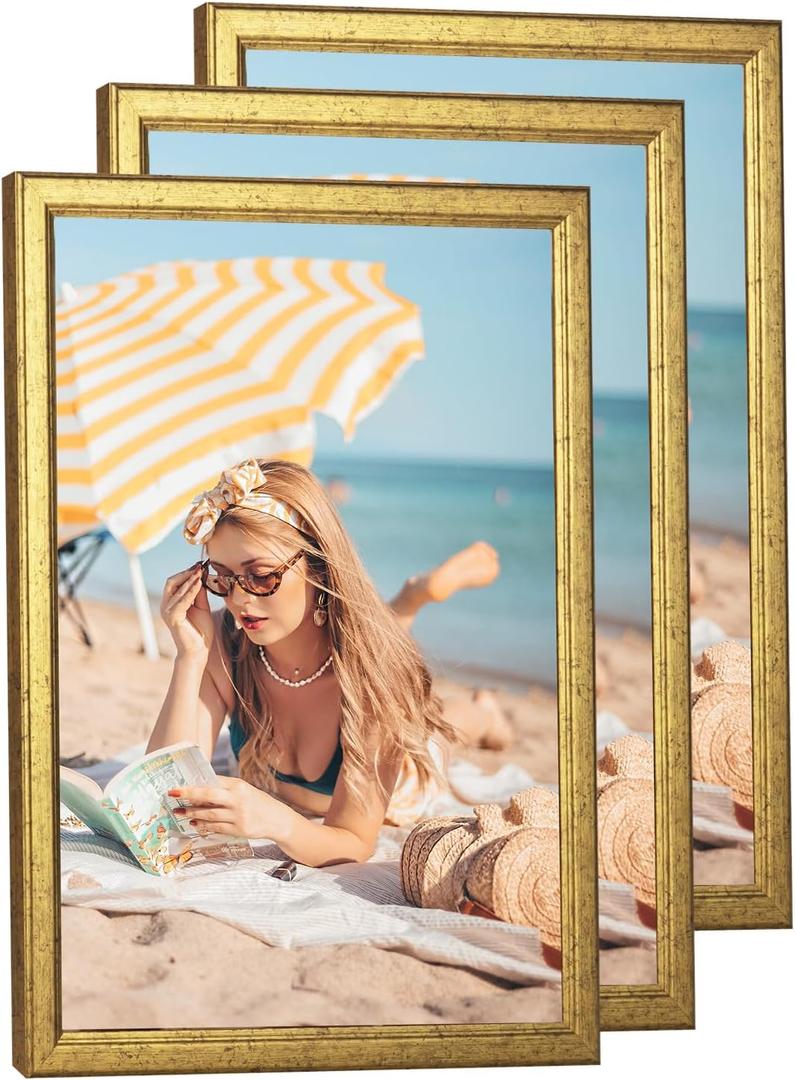 3 pack Wood 16x20 Frame Gold, Ornate Natural Wooden 20x16in Picture Frame, Modern Golden 16 x 20in Gallery Photo Pic Frame with HD Plexiglass,Horizontal Vertical Wall Mounting Set of 3
