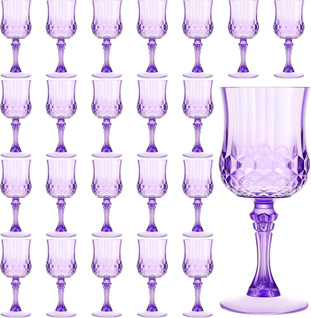 Pinkunn 50 Pcs Purple Plastic Vintage Wine Glasses Reusable Colored Goblets Patterned Drinking Glasses Dishwasher Safe for Wedding Reception Party Supplies