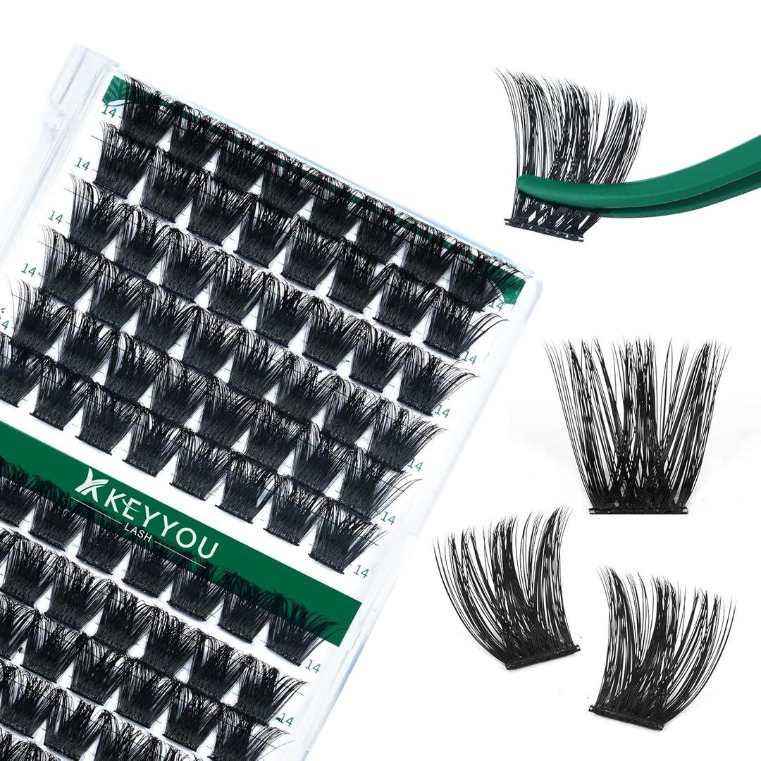 KEYYOU Lash Clusters 96pcs Individual Lashes Y02 D Curl 14mm Eyelash Clusters Volume Wispy Lash Extension Soft&Comfortable Easy DIY Lash Extension at Home(Y02,D-14mm)