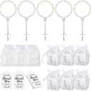 100 Pieces Baptism Favors Set Includes 25 Pieces Mini Rosary 25 Pieces Favor Boxes 25 Pieces White Organza Bags with Drawstring 25 Pieces Thank Tags for Baby Shower Wedding Party Supplies (Silver)