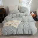 FOSSA Striped Duvet Cover Set 100% Washed Cotton Linen Feel Super Soft Breathable Cozy 3 Pieces Bedding Sets Heathered Green Classic Stripes Queen