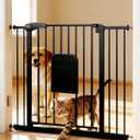 Pet Gate with Adjustable Cat Door, 31–46 Inch Pressure Mounted Dog Gate for Doorways, Stairs and Hallways, Auto Close Walk Through Metal Gate, No Drilling, Black, 29x30 inches