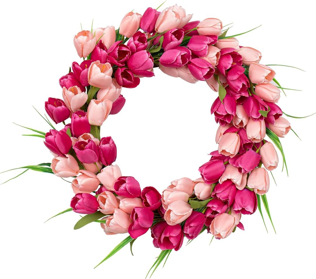 Valentines Day Wreaths for Front Door 20 Inch Valentine Door Wreath Valentine's Wreaths Tulip Wreath with Red Pink Artificial Tulip Flowers for Holiday Outside Indoor Window Wall